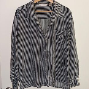 Casual Corner Silk Black and White Striped Button Down Shirt